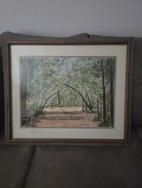 Mildred Tjeltweed Framed Woodland Landscape Painting in Brown Frame